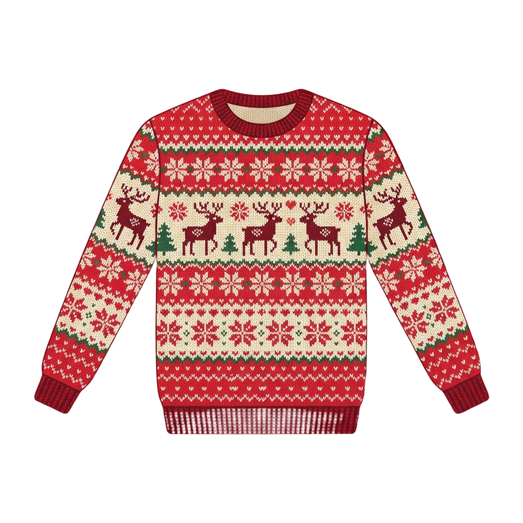 Red and white knit sweater featuring reindeer, snowflakes, and holiday-themed designs
