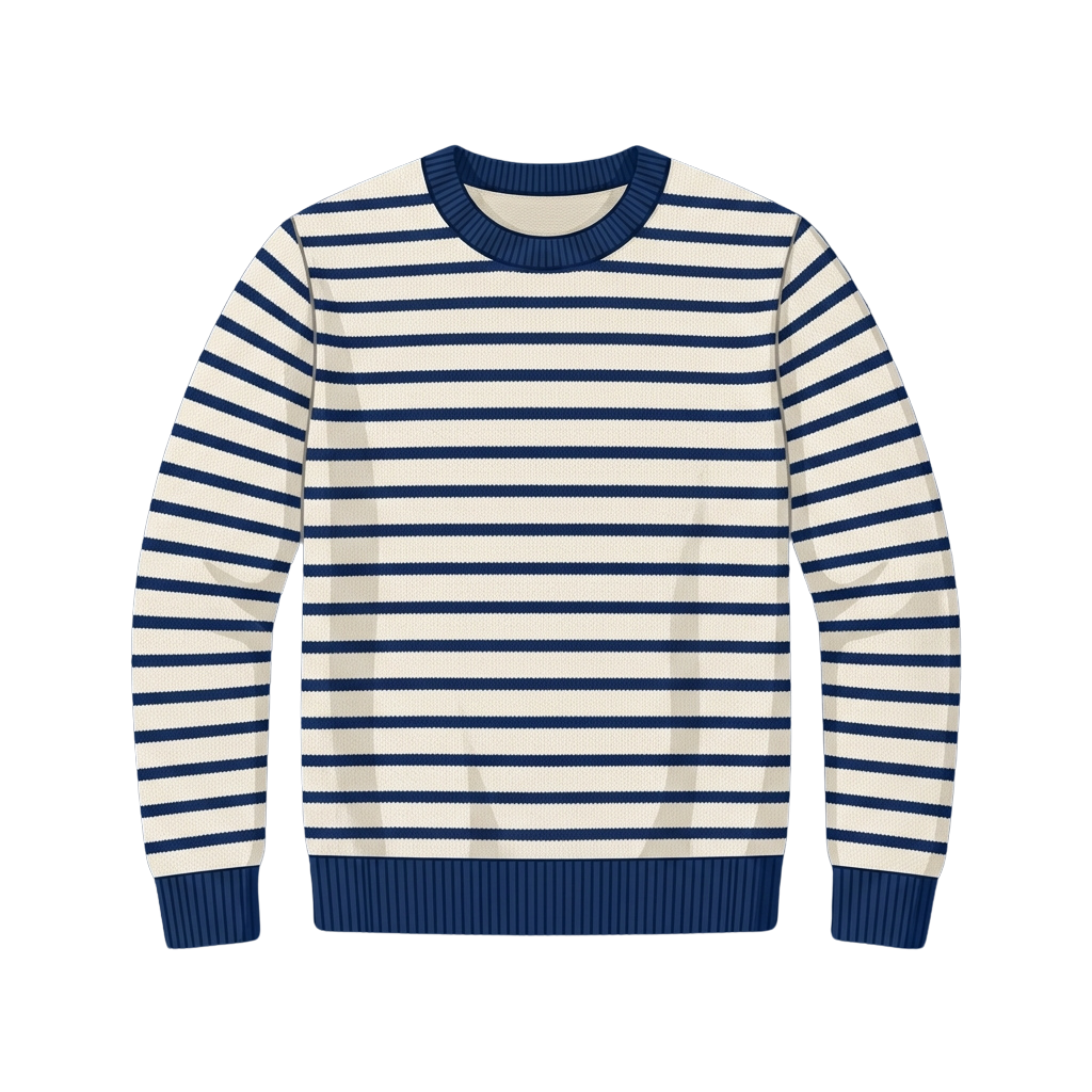 Blue and white horizontal striped sweater with ribbed cuffs and collar