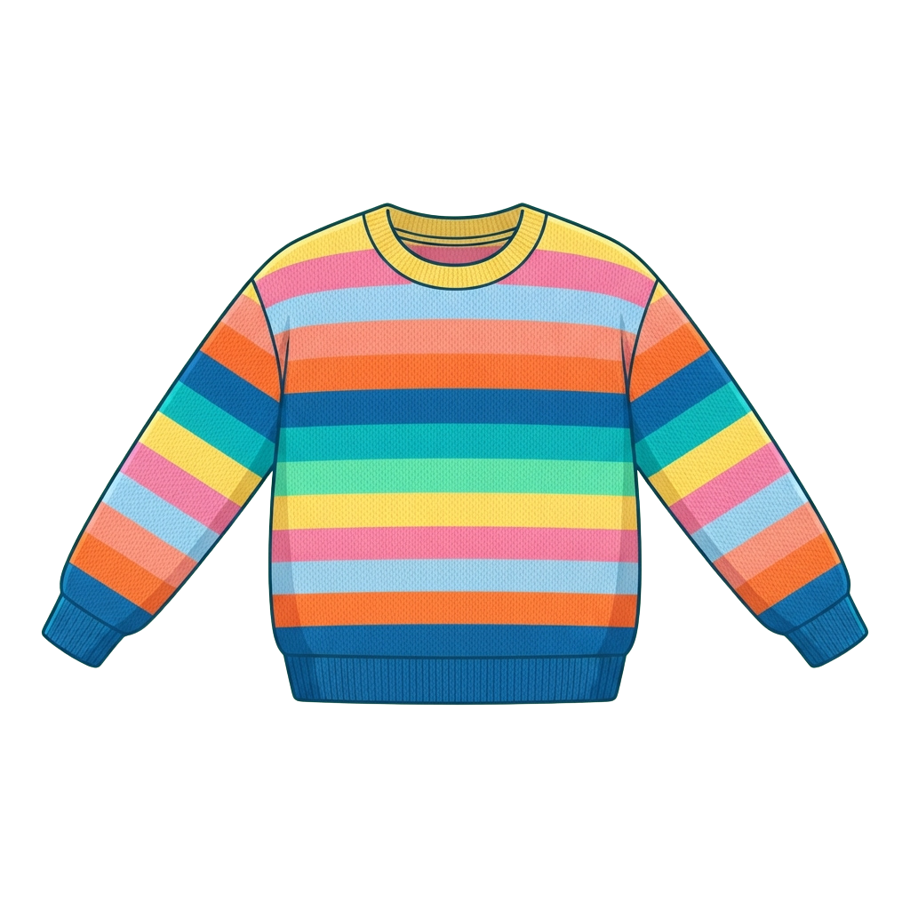 Cropped sweater with horizontal rainbow stripes in bright colors including pink, blue, yellow, and green