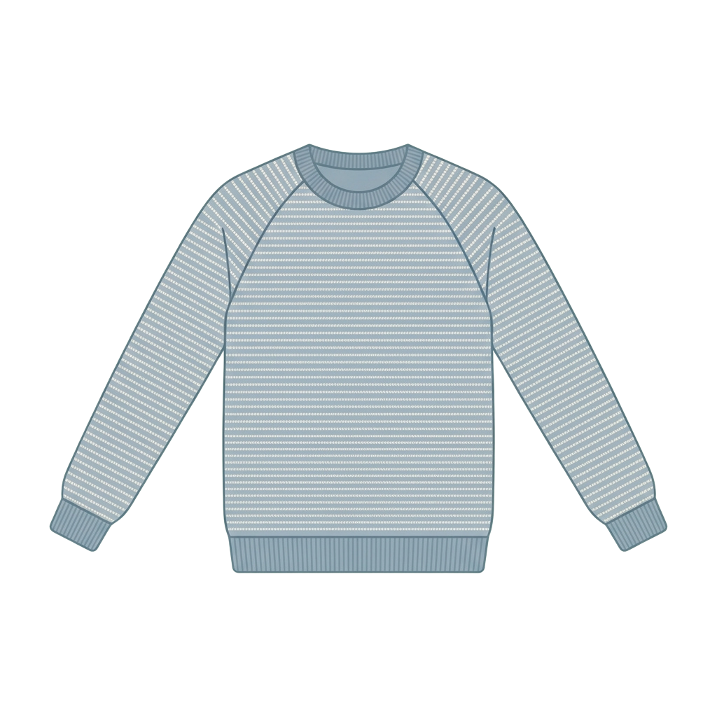 Light blue and gray striped long-sleeve raglan sweater on a black background