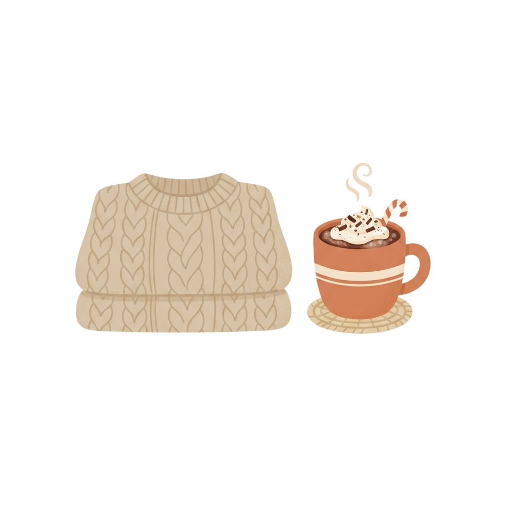 A cream-colored cable knit sweater next to a steaming mug of hot chocolate with a candy cane stirrer