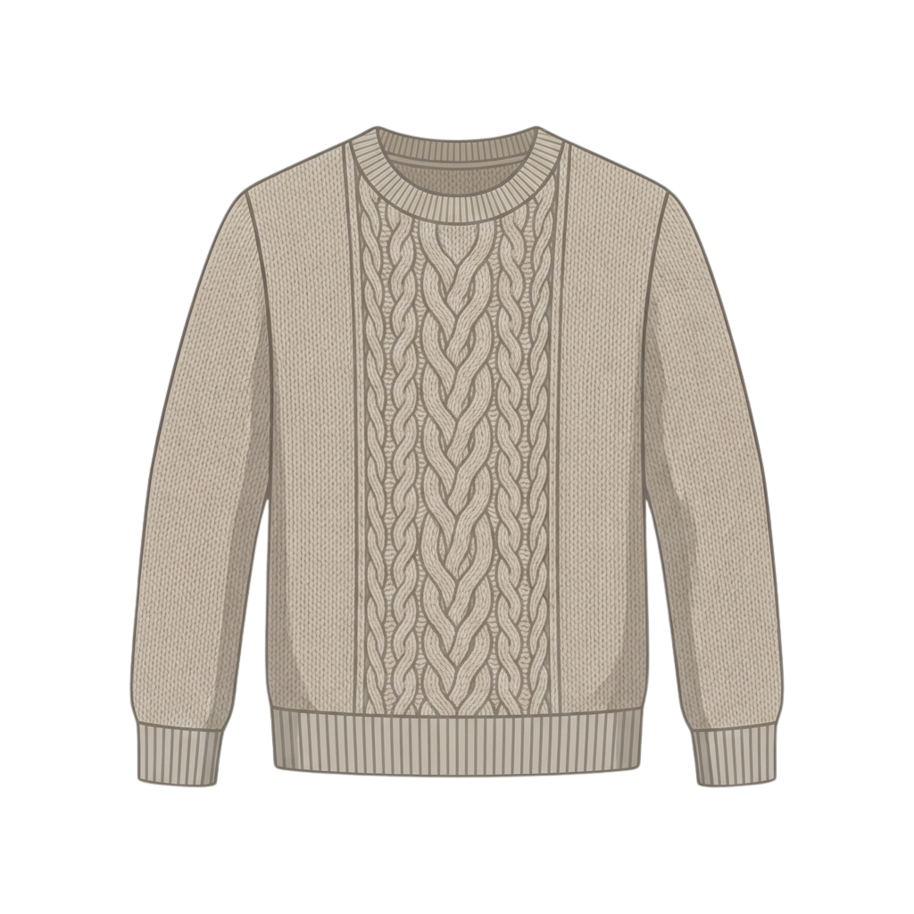 Light beige sweater with intricate cable knit pattern down the front and ribbed cuffs