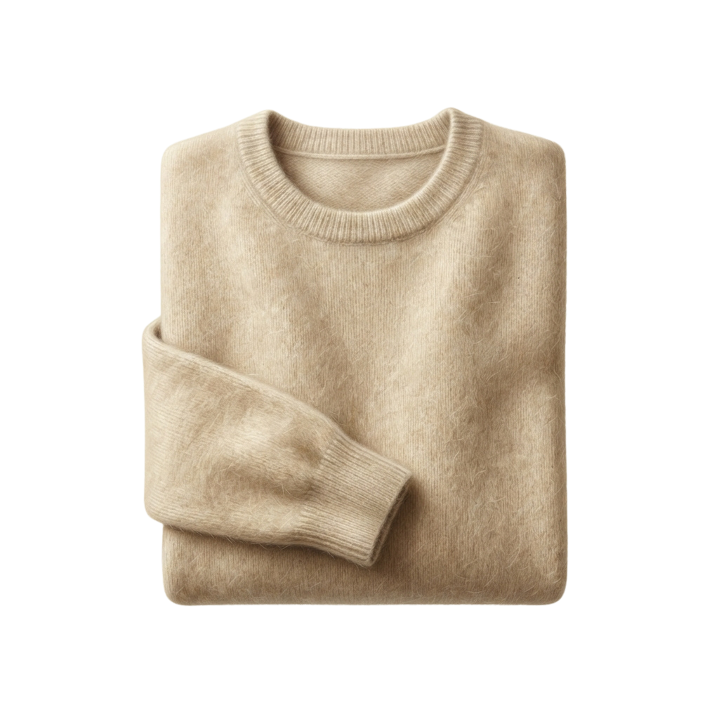 Light beige ribbed crew neck sweater laid flat on a black background