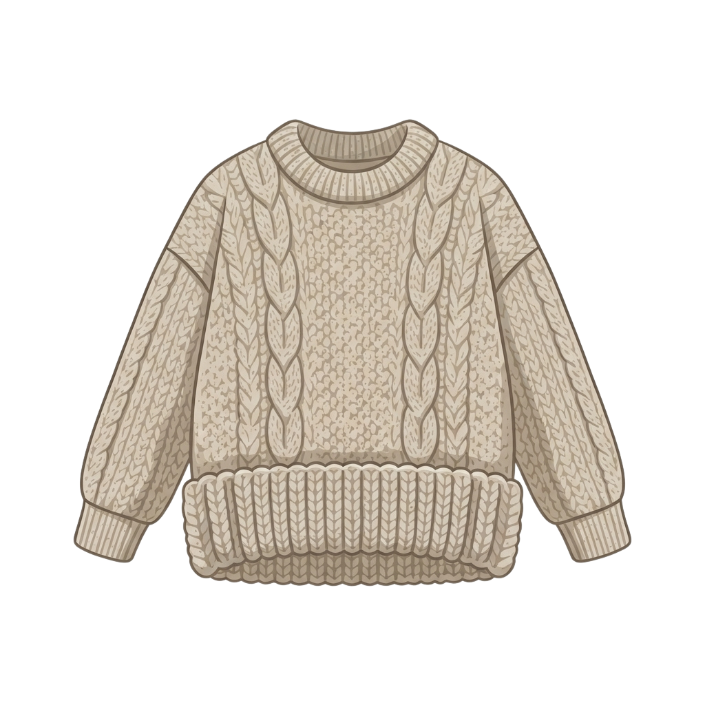 Beige cropped sweater with intricate cable knit pattern and ribbed cuffs