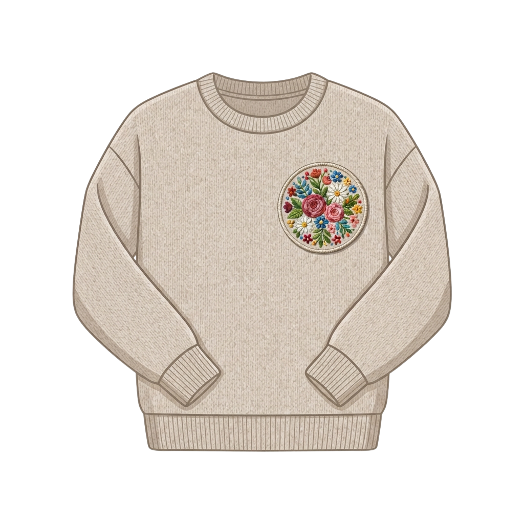 Light cream-colored sweater featuring a round floral embroidered patch on the chest