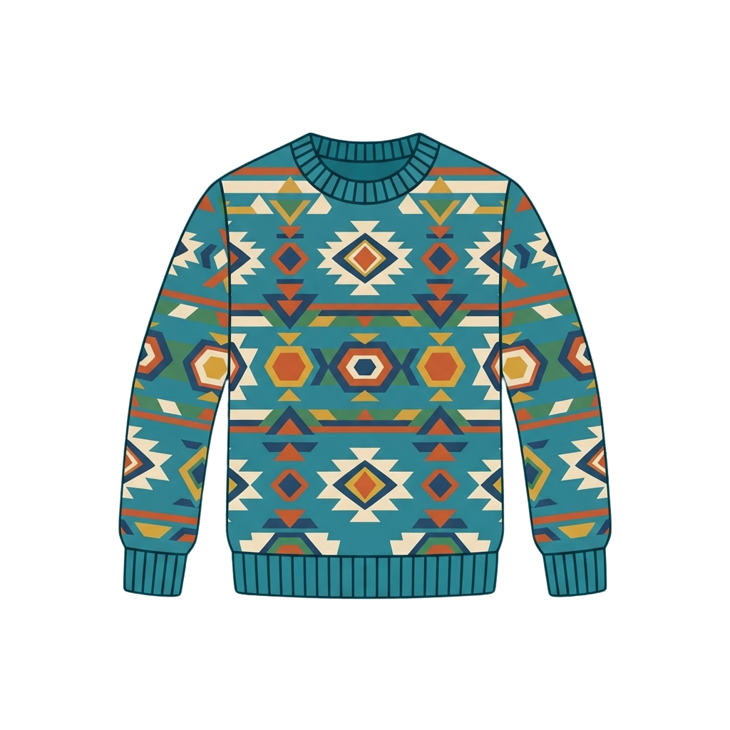 Illustration of a blue sweater with vibrant geometric and tribal patterns on a black background