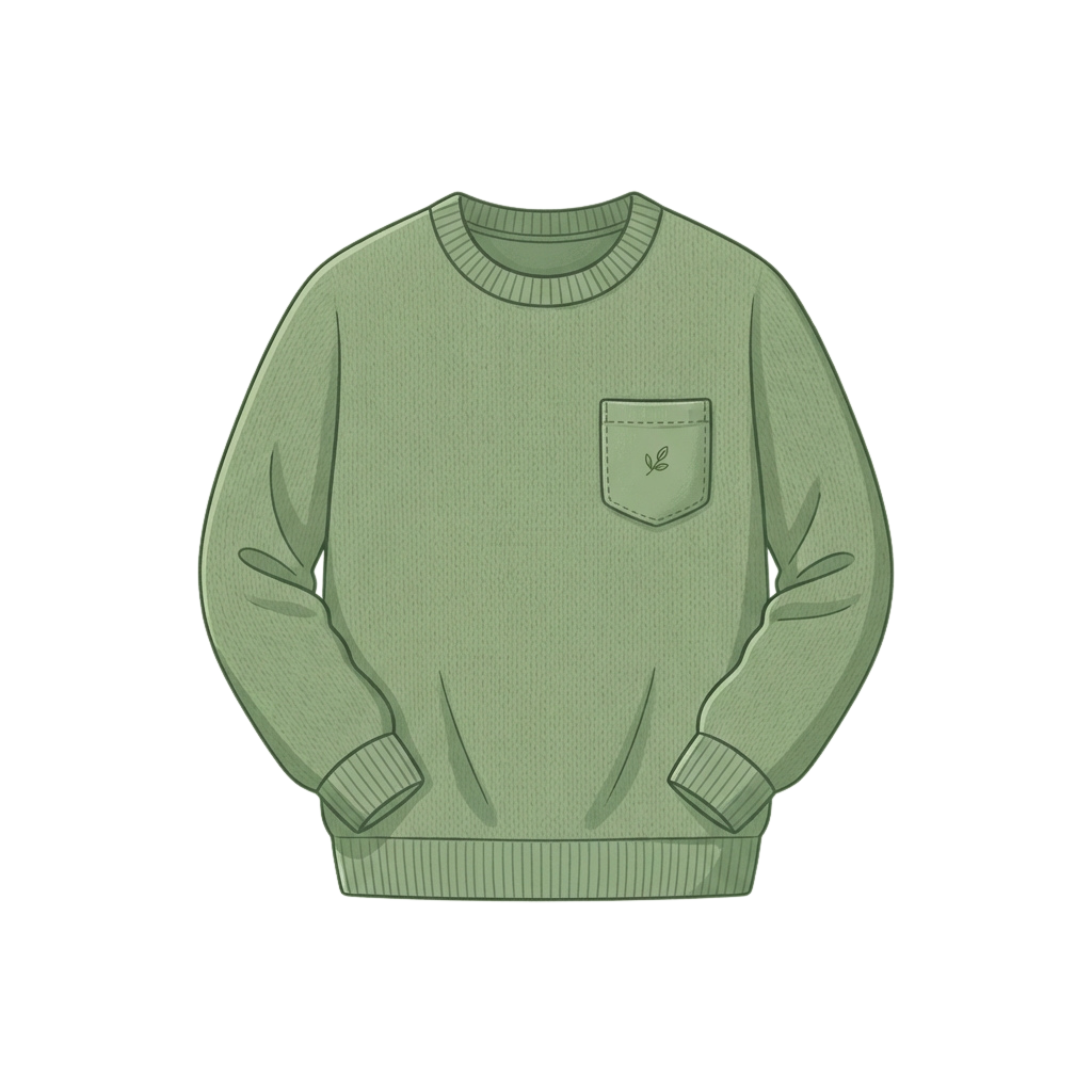 Mint green sweater with ribbed cuffs, collar, and pocket featuring a small leaf embroidery