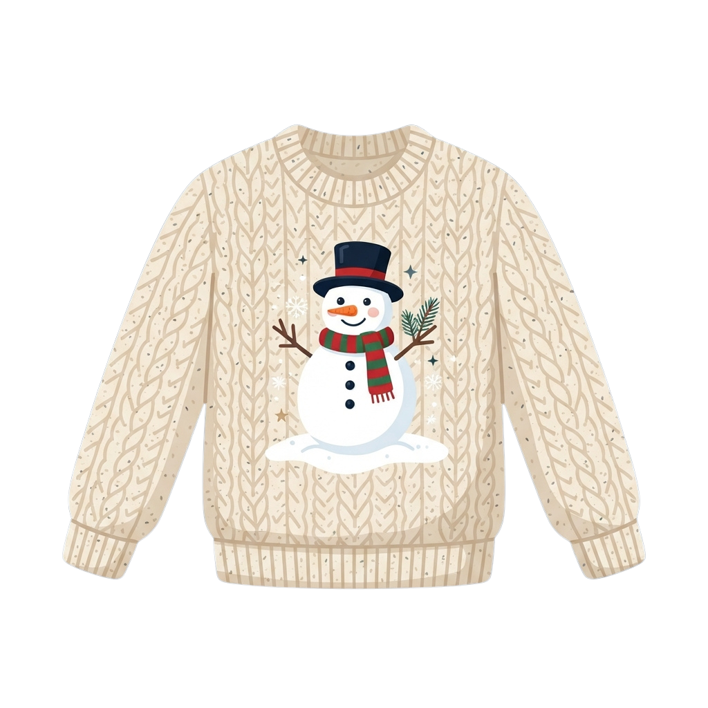 A cream-colored cable knit sweater featuring a cheerful snowman graphic with a top hat, scarf, and pine branch.