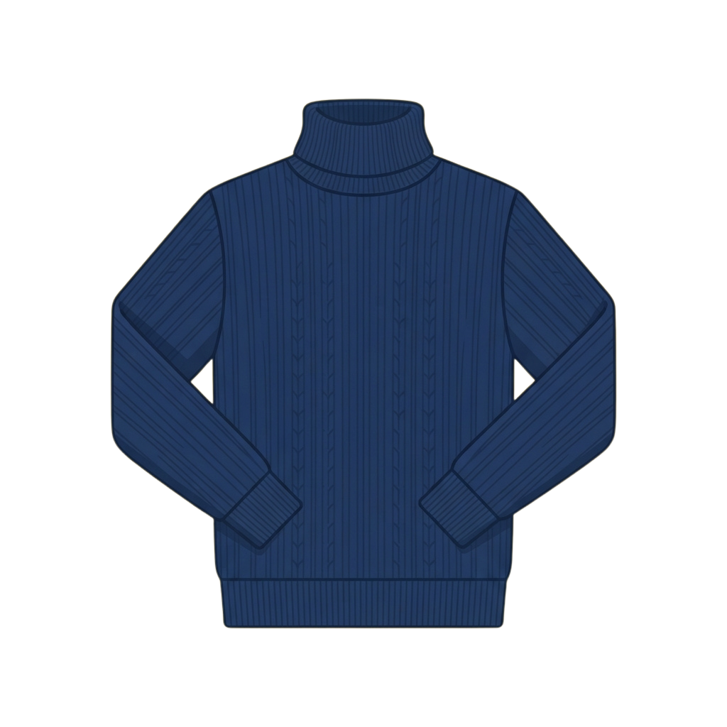 A blue ribbed knit turtleneck sweater with long sleeves and a snug fit