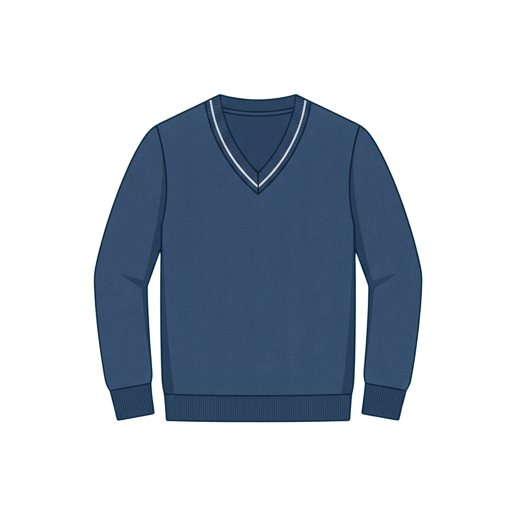 Navy blue ribbed knit sweater with a V-neck and white ribbed trim around collar and cuffs