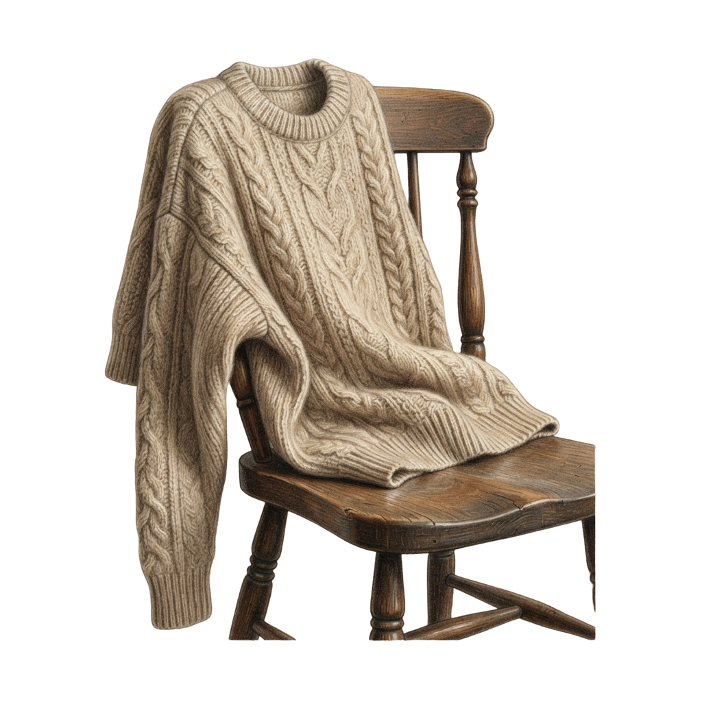 A cream-colored cable knit sweater draped over a wooden chair