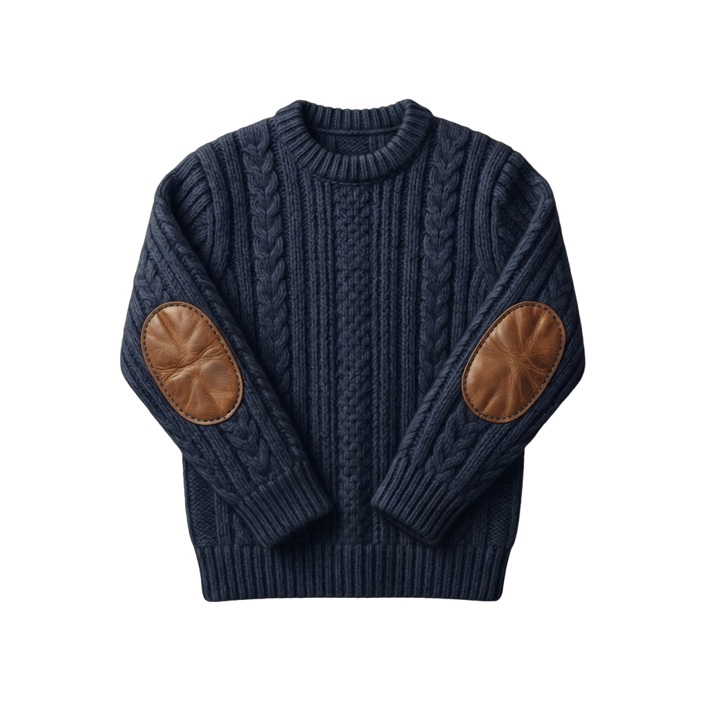 Dark blue cable knit sweater featuring brown leather elbow patches on both forearms