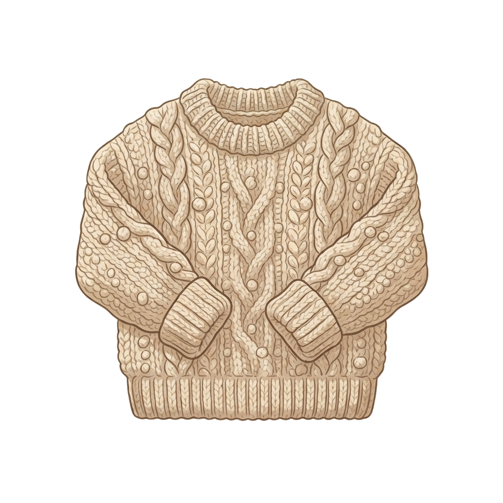A cream-colored cable knit sweater with ribbed cuffs and collar, featuring intricate cable patterns on the body and sleeves