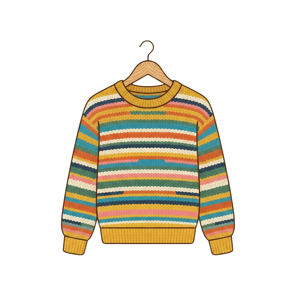 A multicolored striped knit sweater hanging on a wooden hanger against a black background