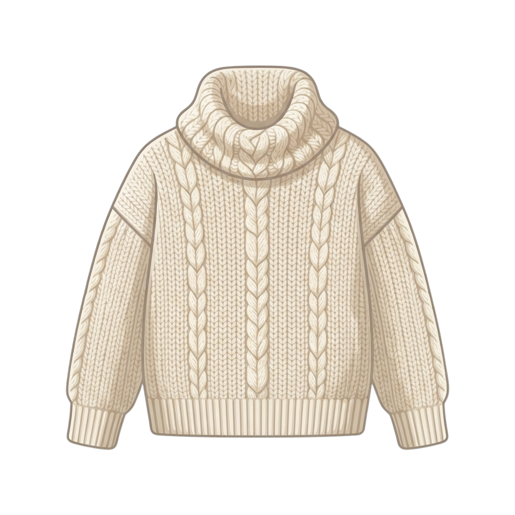Cream-colored cable knit turtleneck sweater with ribbed cuffs and hem