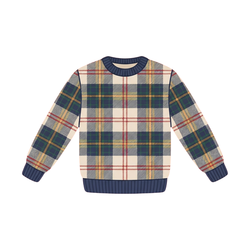 A child's sweater featuring a plaid pattern with navy, cream, and accent colors, ribbed cuffs and hem in dark blue