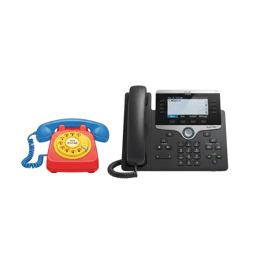 A colorful vintage toy phone next to a modern black office phone with a digital screen.