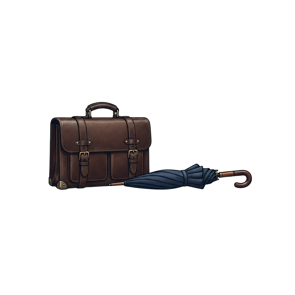 A brown leather briefcase with brass accents and a matching blue umbrella on a dark background