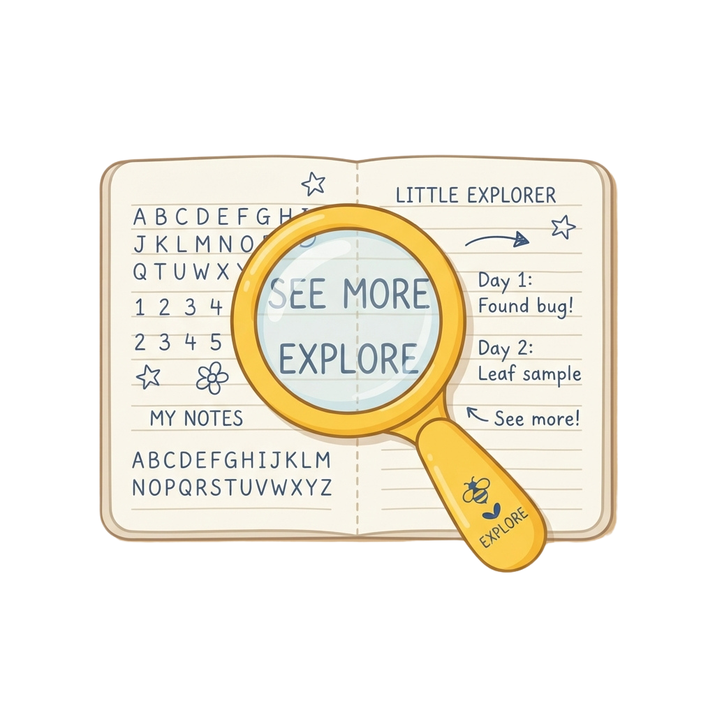 Illustration of an open notebook labeled Little Explorer with a magnifying glass showing See More Explore text and notes about bug and leaf samples
