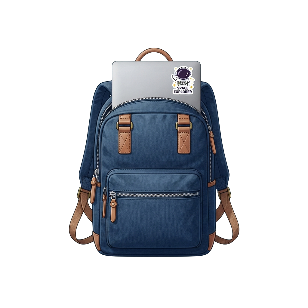 Blue backpack with tan leather accents holding a laptop, featuring a space-themed sticker on the top flap