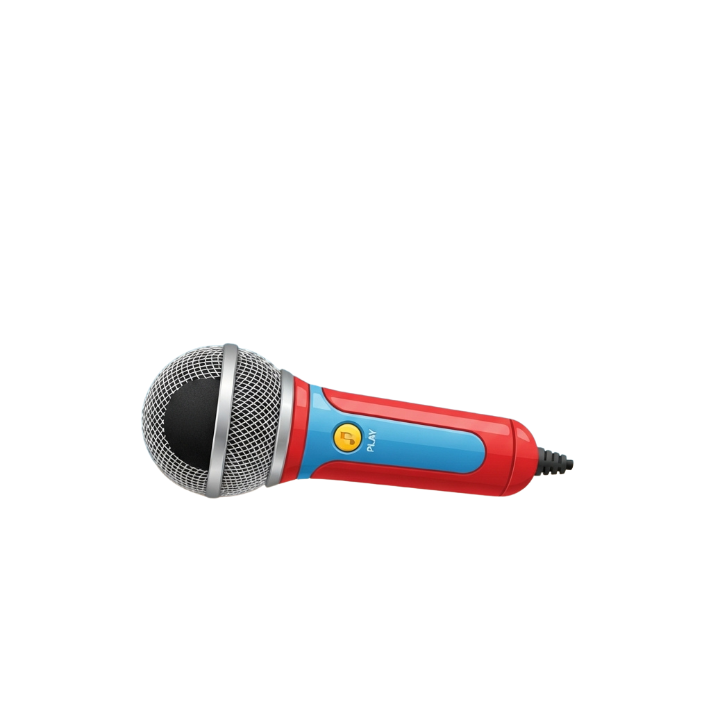 A colorful handheld microphone with a blue and red body and a mesh head, designed for children's use.