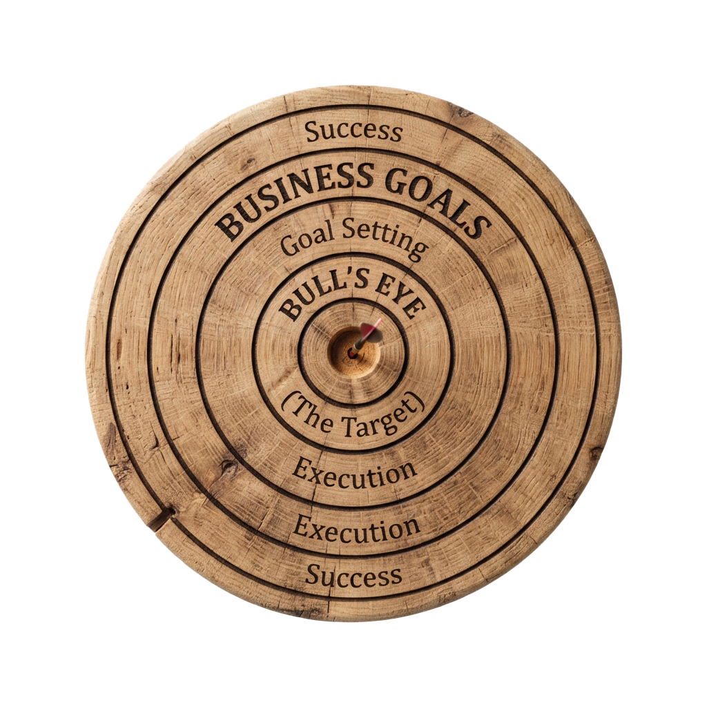 Wooden target board illustrating business goals with layers labeled success, execution, goal setting, and bullseye target