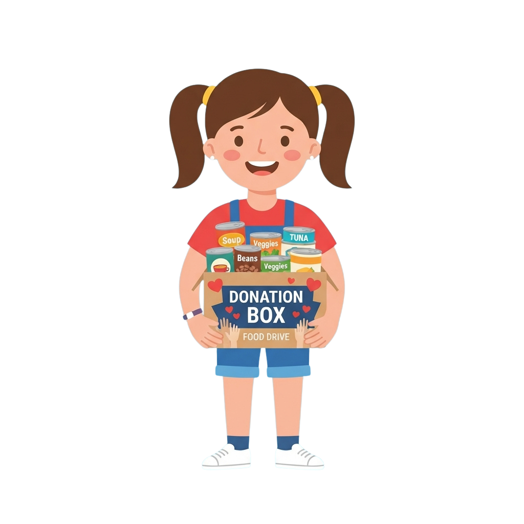 Smiling child holding a donation box filled with canned goods for a food drive