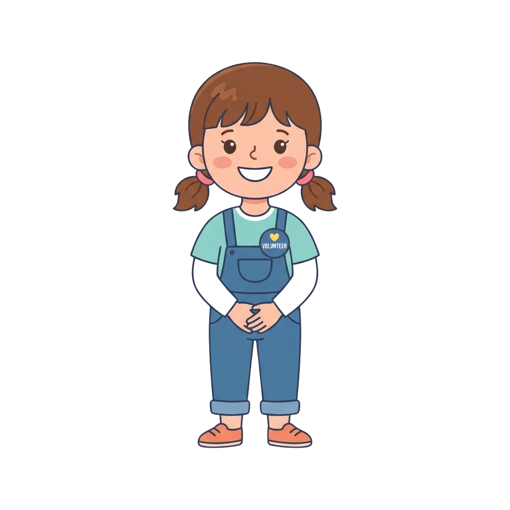 Smiling cartoon girl with brown hair in pigtails wearing a volunteer badge and overalls