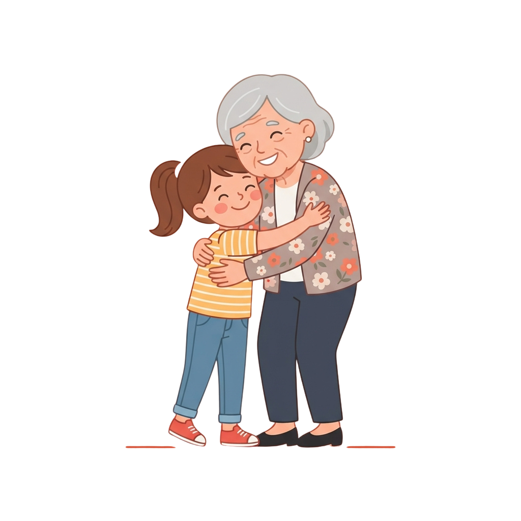 Illustration of an elderly woman hugging a young girl with smiles on their faces