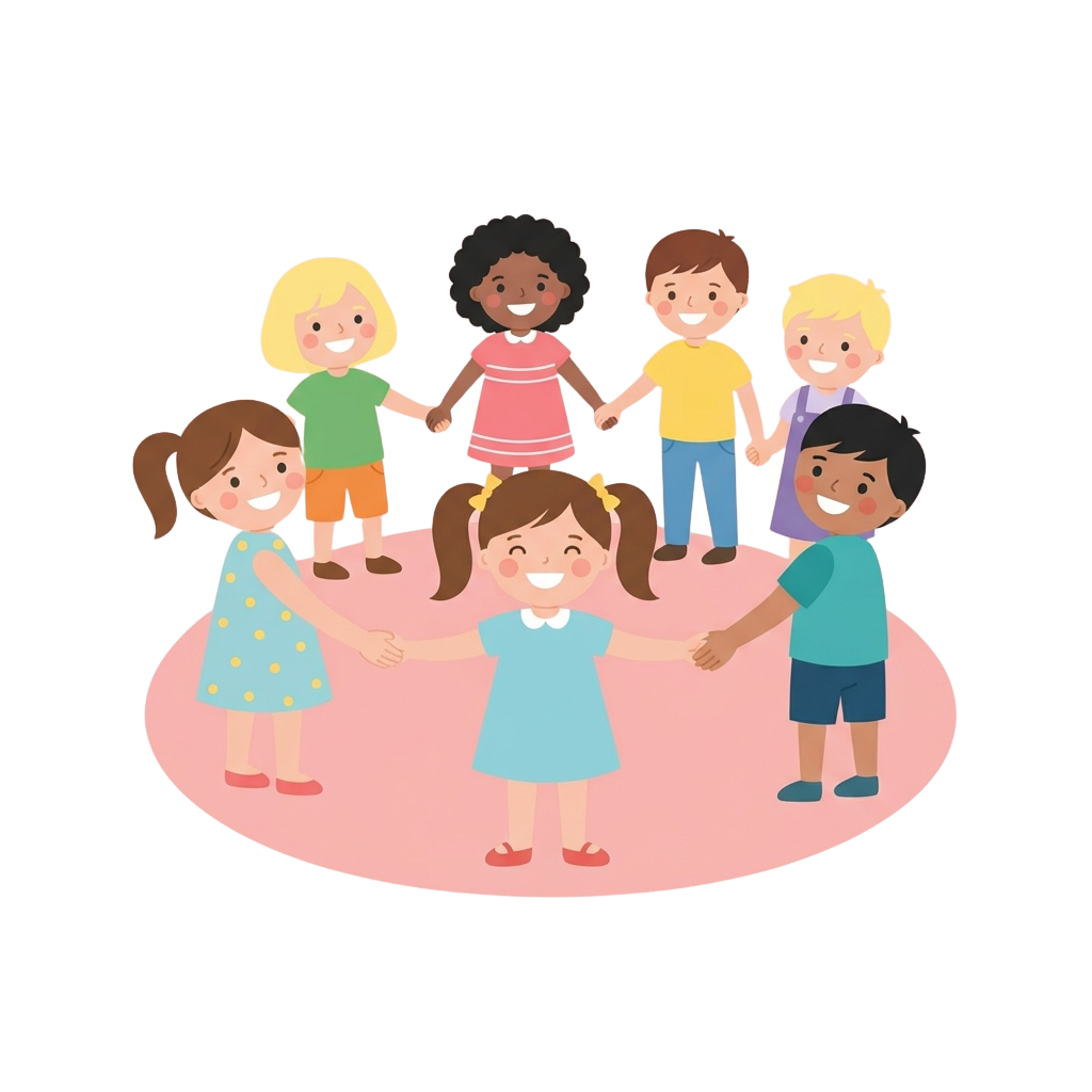 Six smiling children holding hands in a circle, forming a group on a pink circle platform.