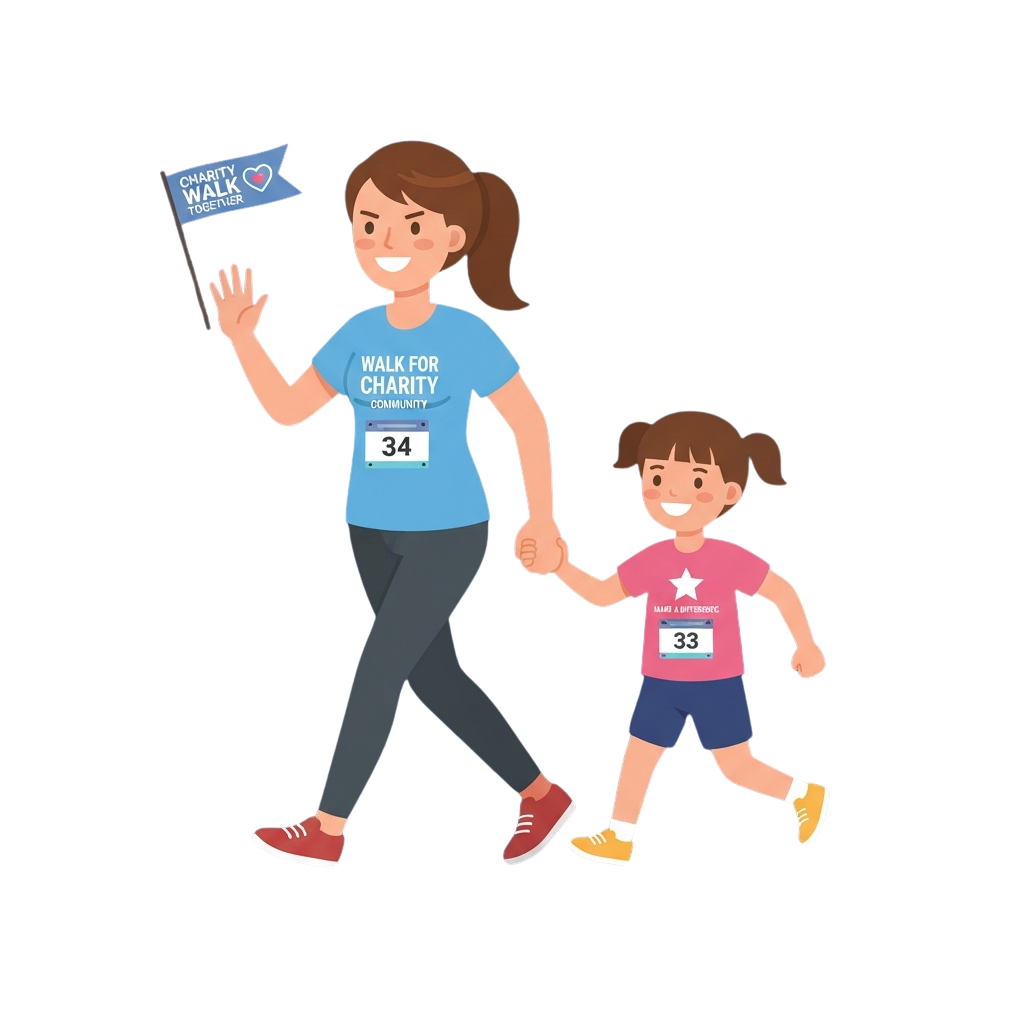 Illustration of an adult and child walking together in a charity event, holding a flag and wearing numbered bibs.