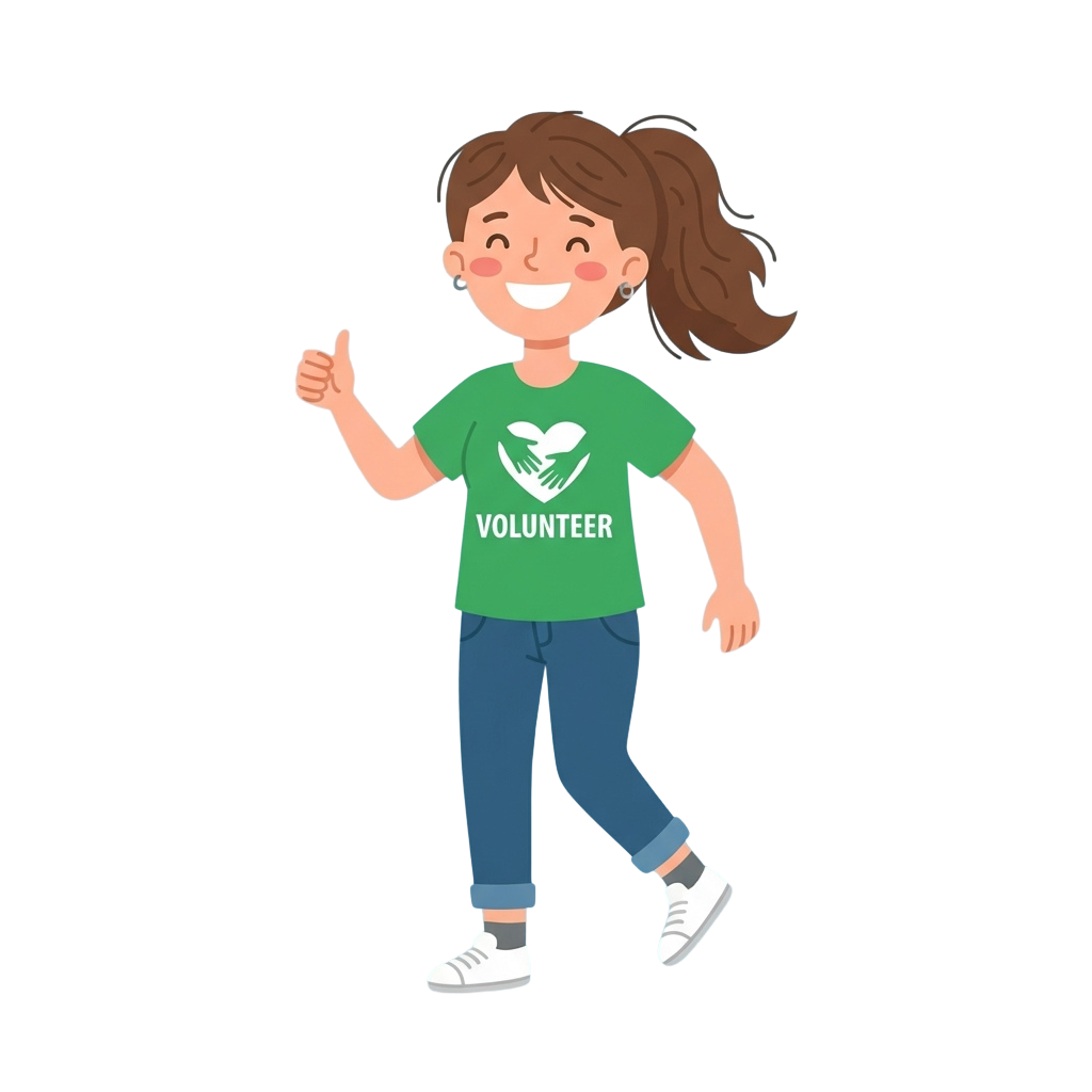 Illustration of a smiling girl in a green volunteer shirt giving a thumbs-up