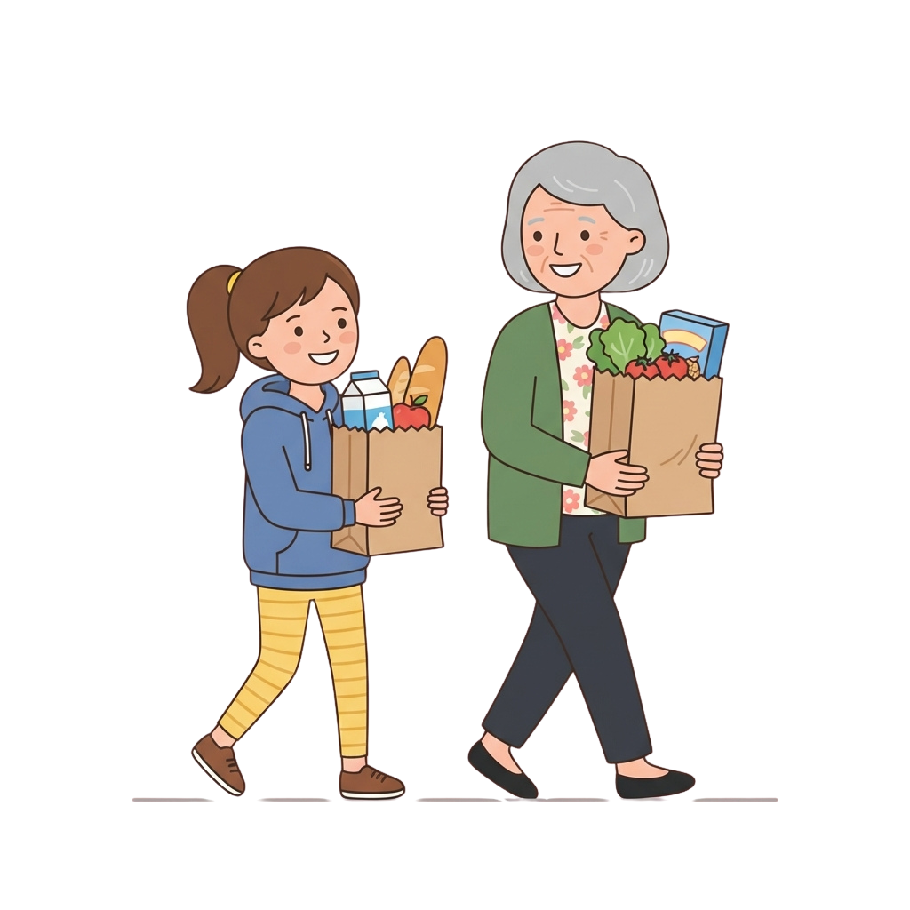 Two smiling people carrying grocery bags walking side by side