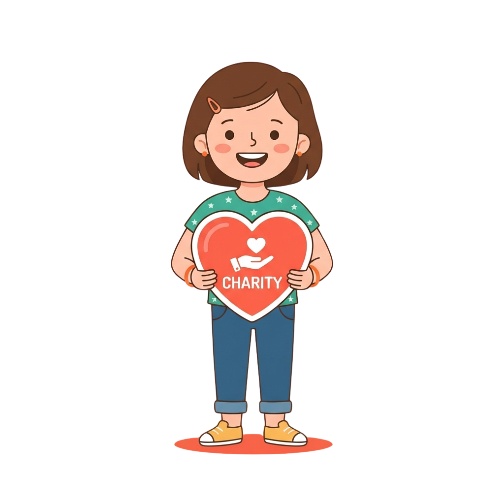 Smiling child holding a red heart with the word charity and a hand symbol