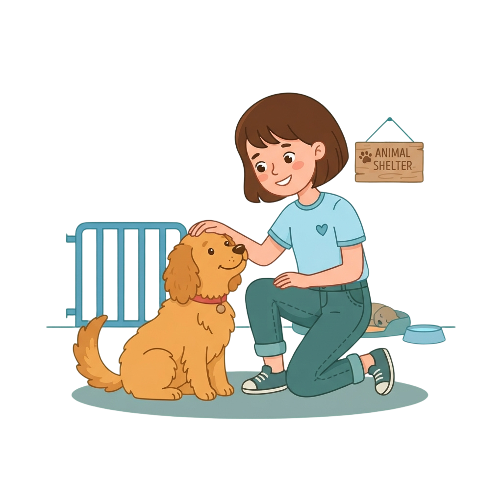 A woman kneeling and petting a small brown corgi puppy in an animal shelter
