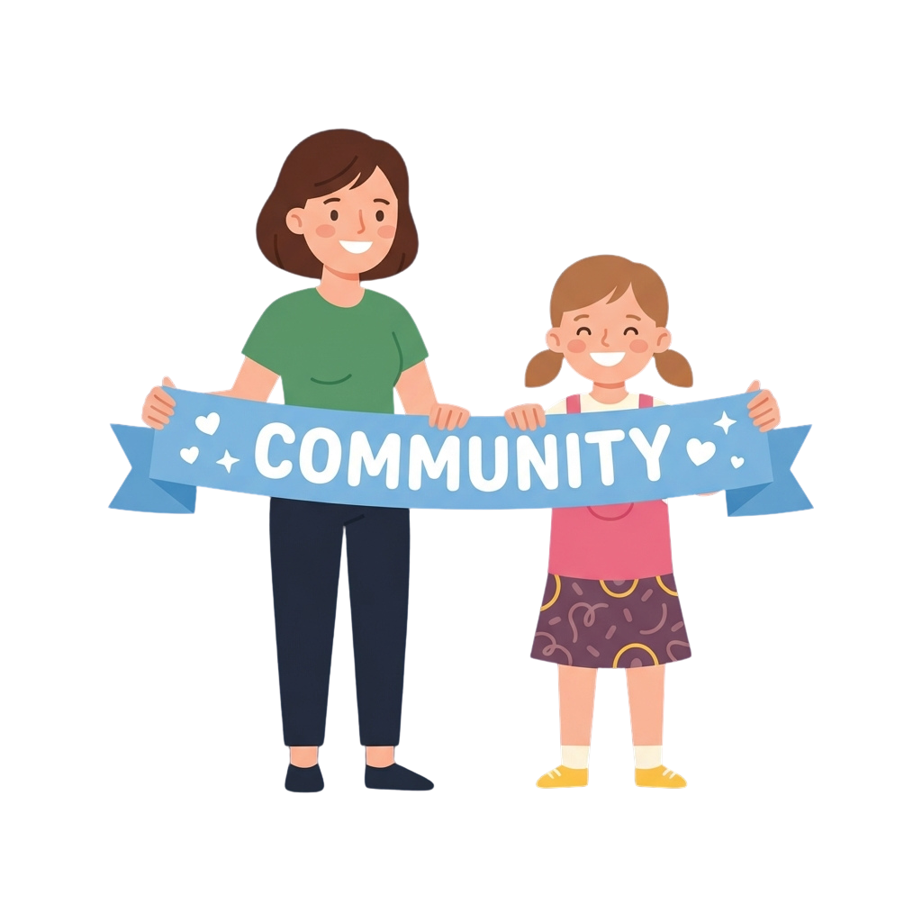 Illustration of an adult and child smiling while holding a blue banner that says Community with hearts and stars