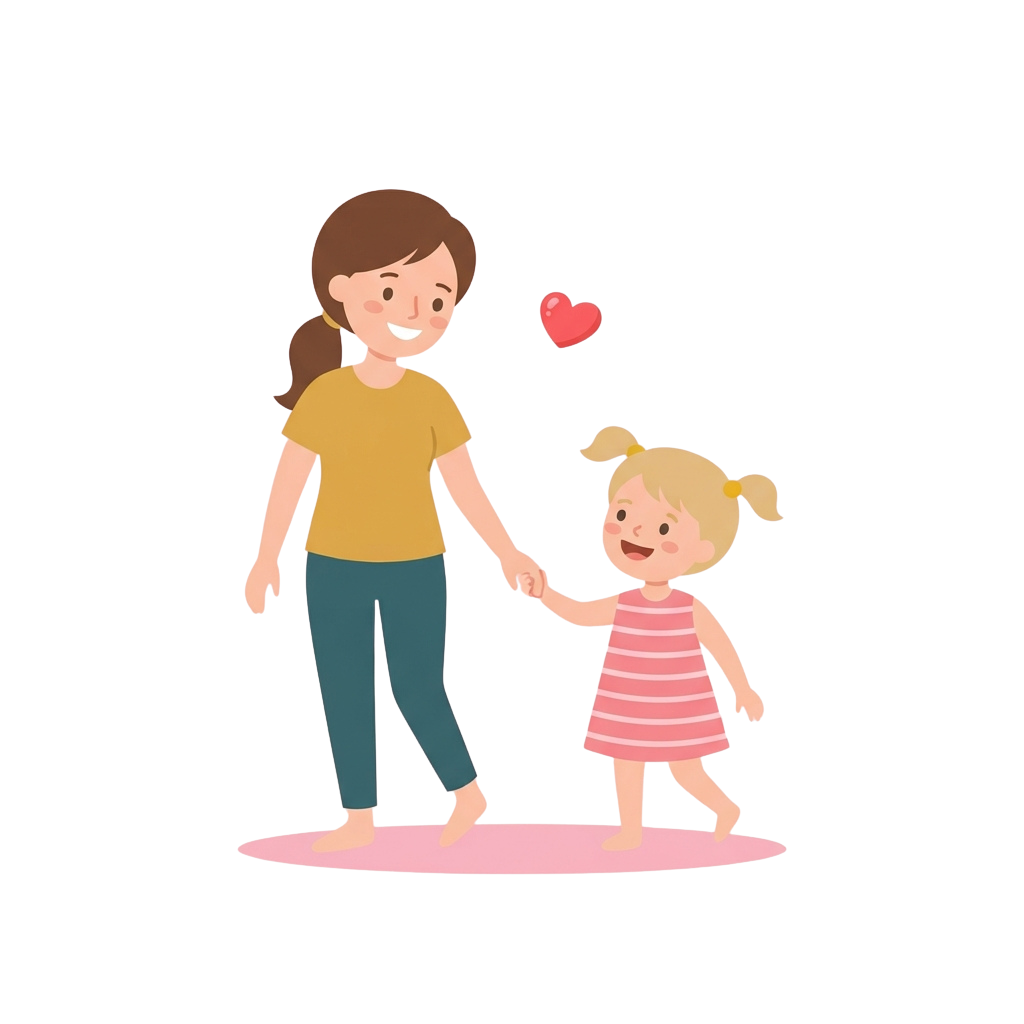 Illustration of a smiling woman holding a child’s hand with a floating heart above them