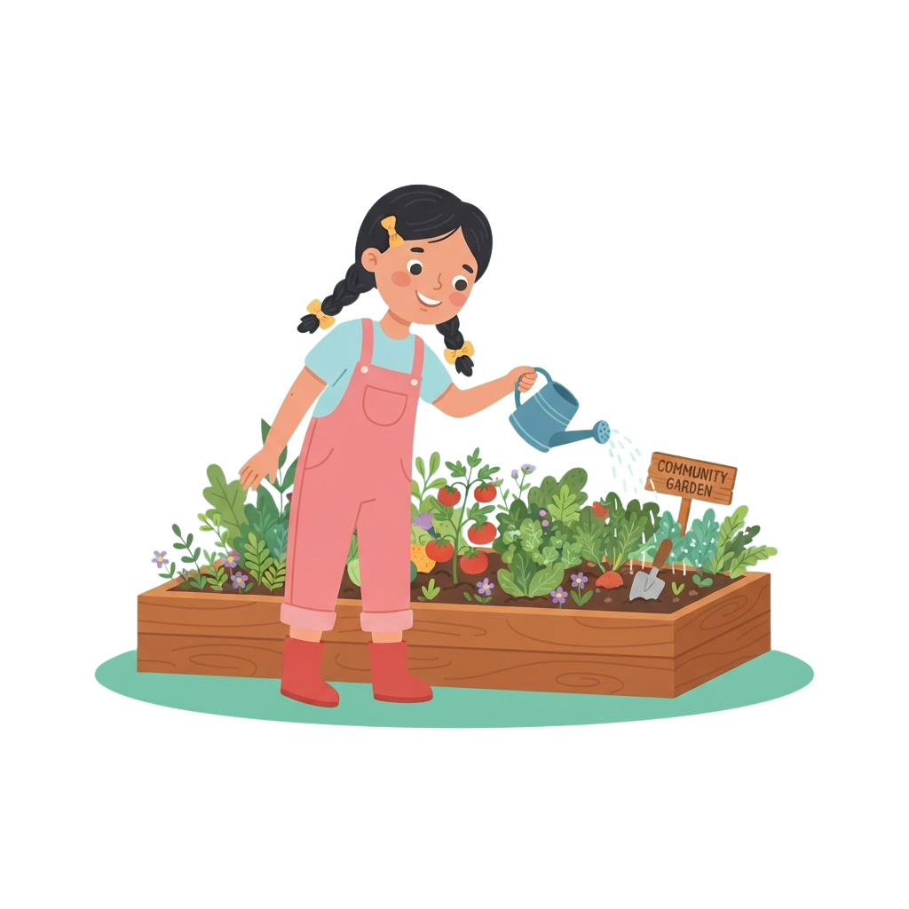 A smiling child in overalls waters plants in a community garden raised bed filled with greenery and flowers