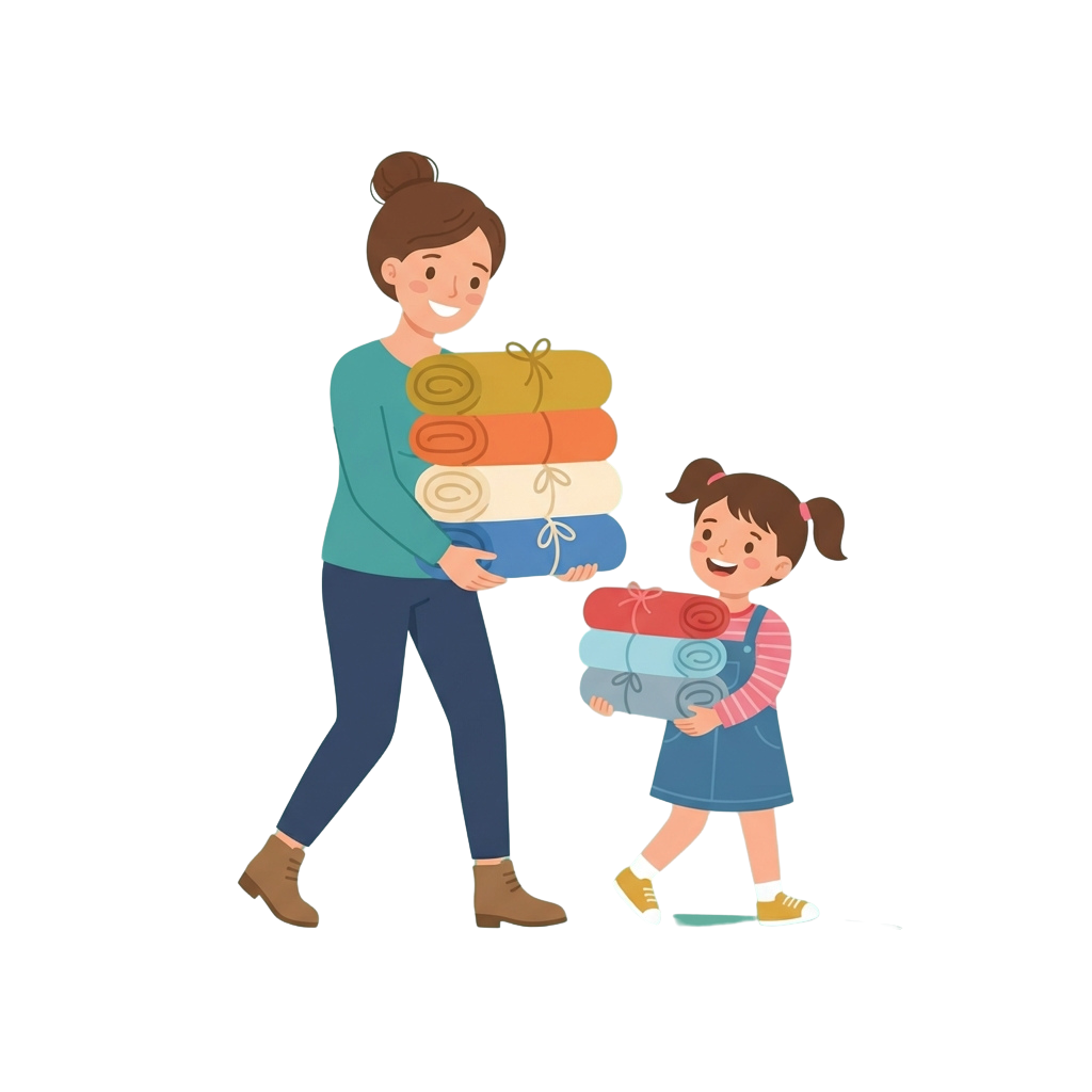 A smiling woman and a young girl each holding wrapped gift towels, walking together.