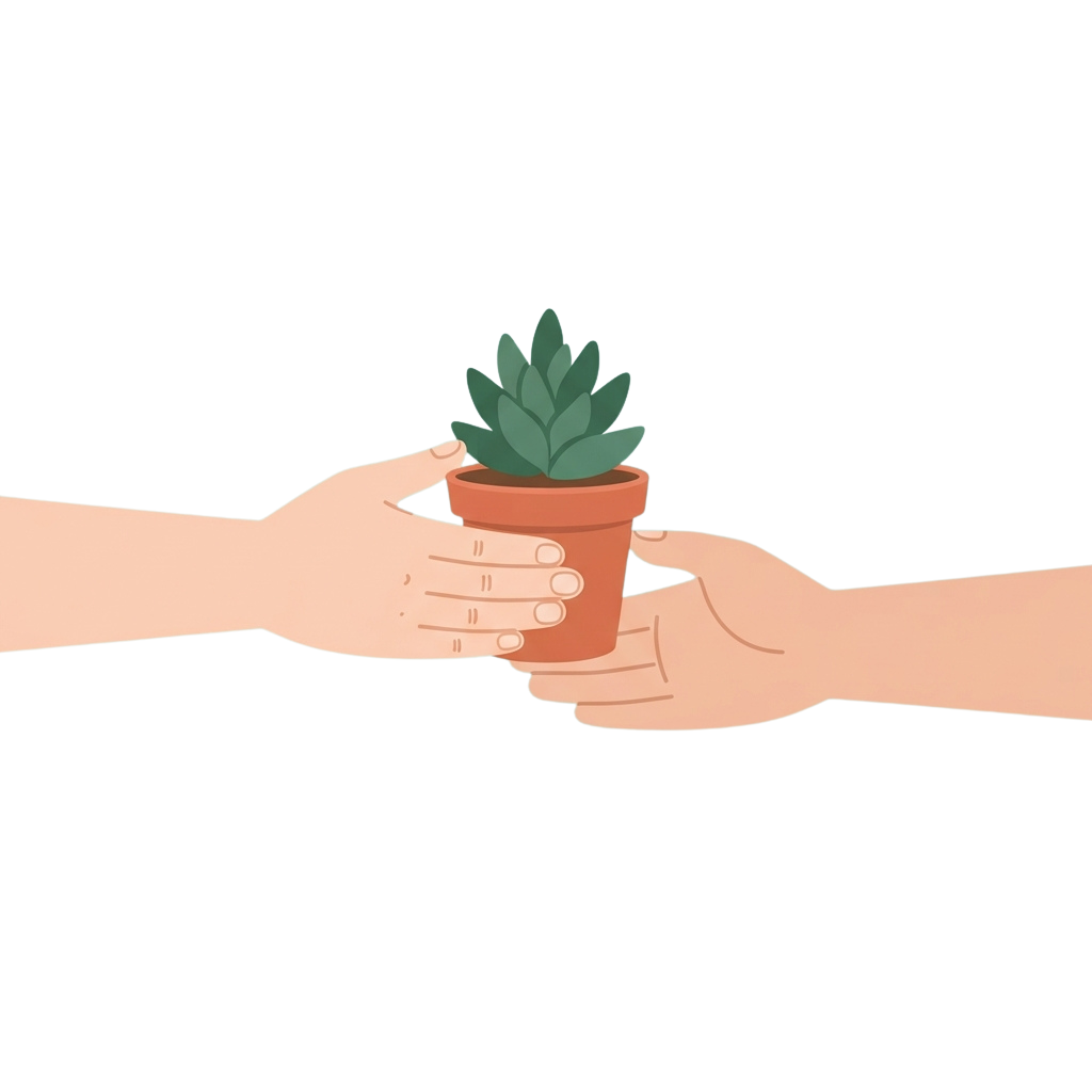 Two hands exchanging a small terracotta pot with a green succulent plant.