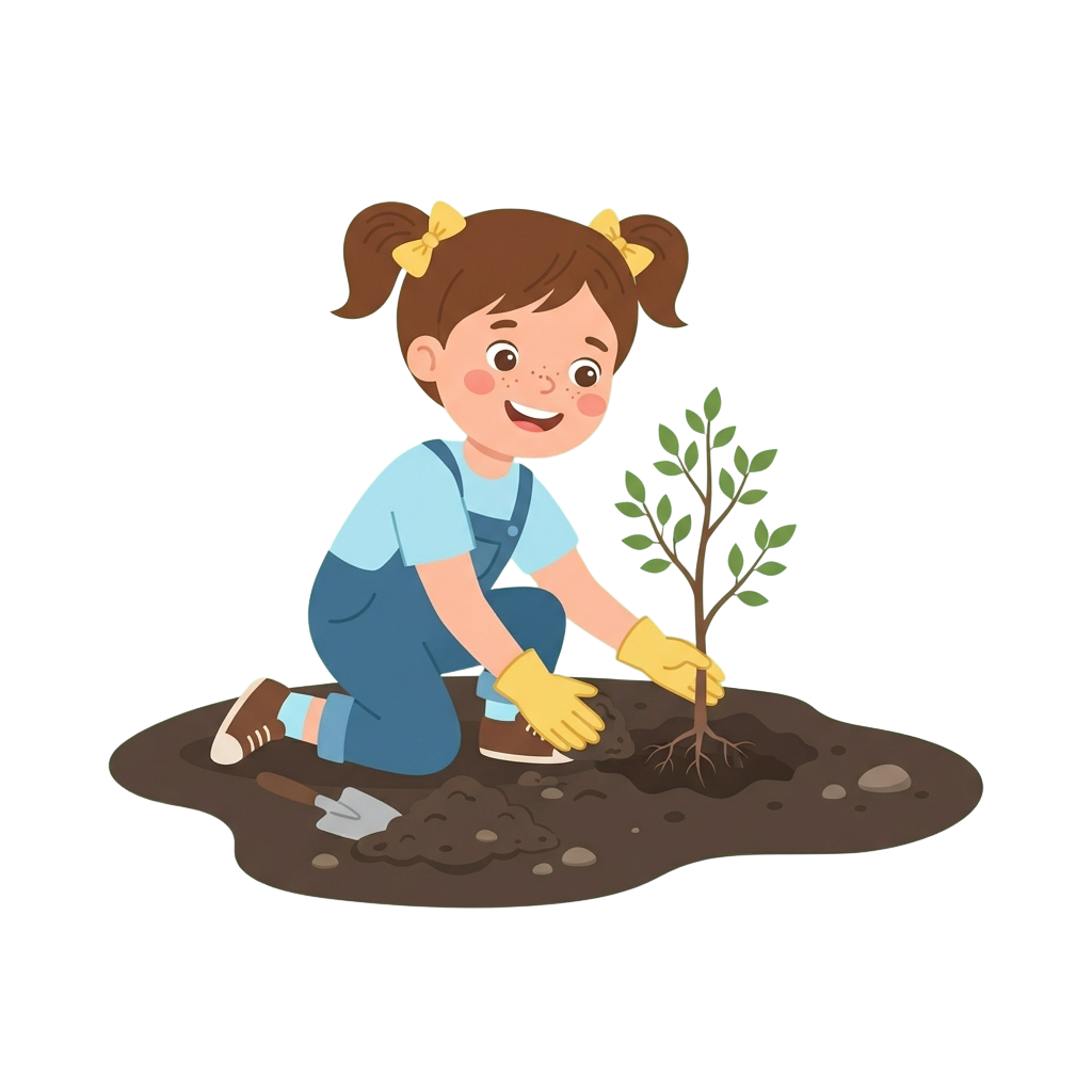 A young girl with pigtails wearing overalls and gloves plants a small tree in soil.