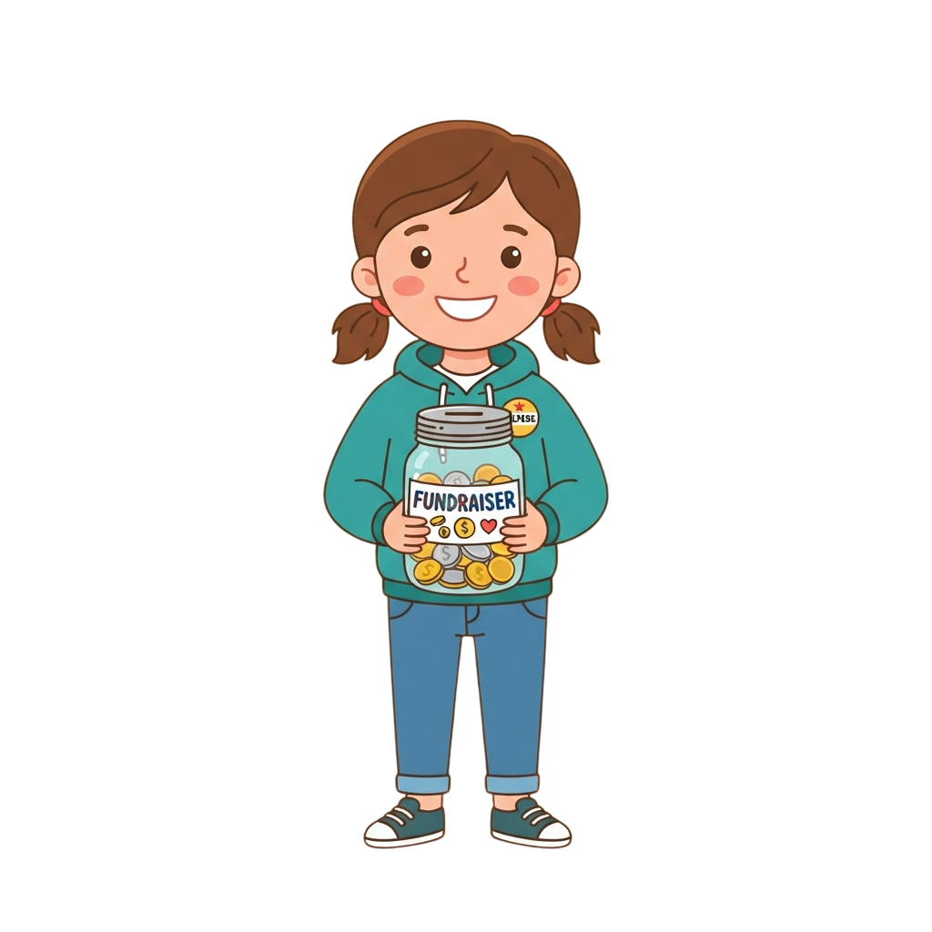 Smiling child holding a clear fundraiser jar filled with coins and candy