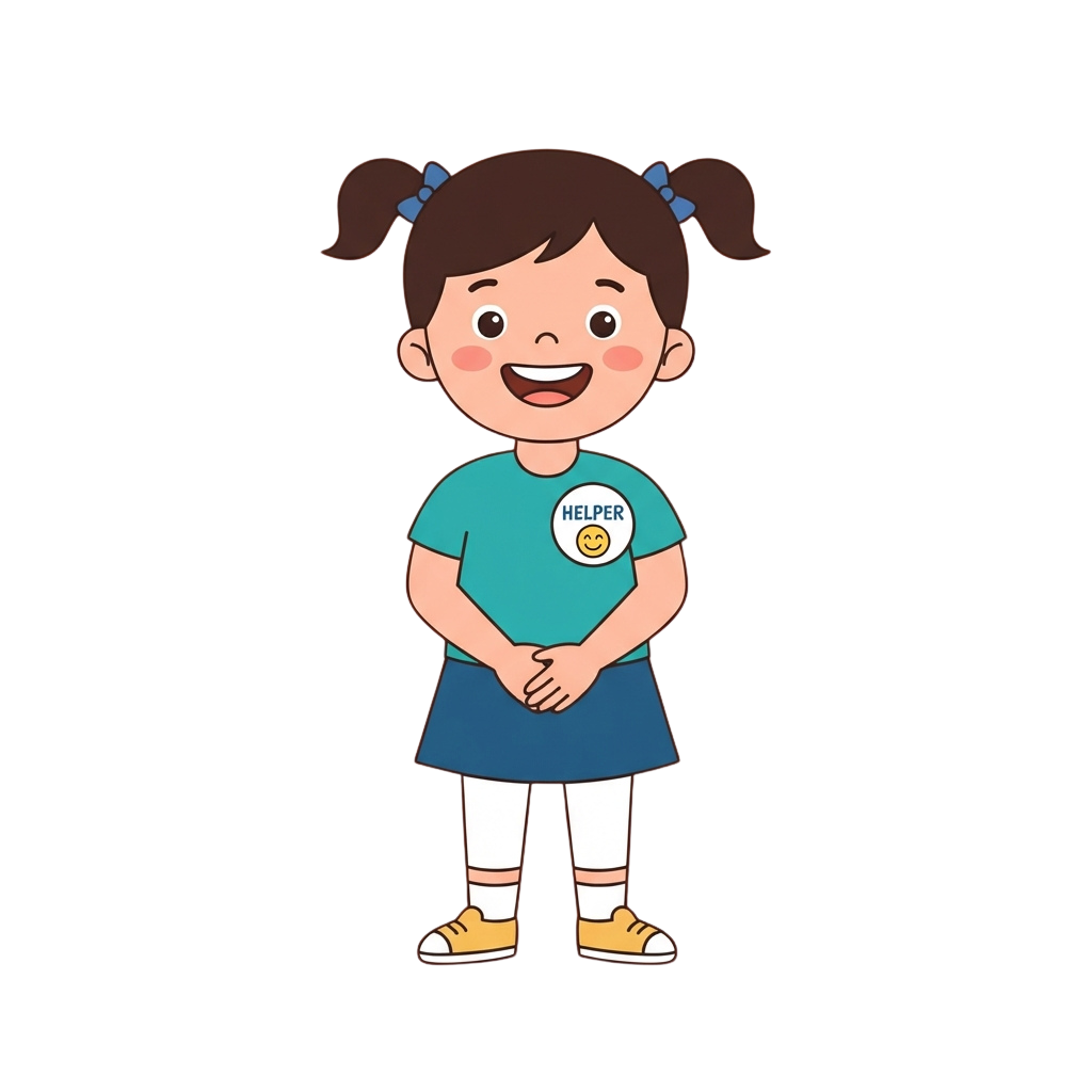 Smiling cartoon girl with brown pigtails wearing a helper badge on a blue shirt and skirt