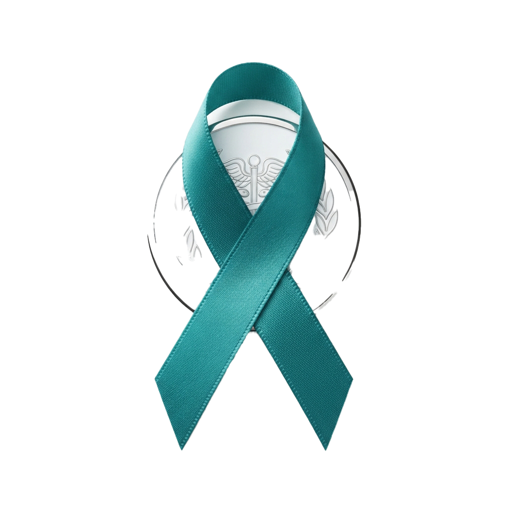 Teal awareness ribbon with medical caduceus symbol in center