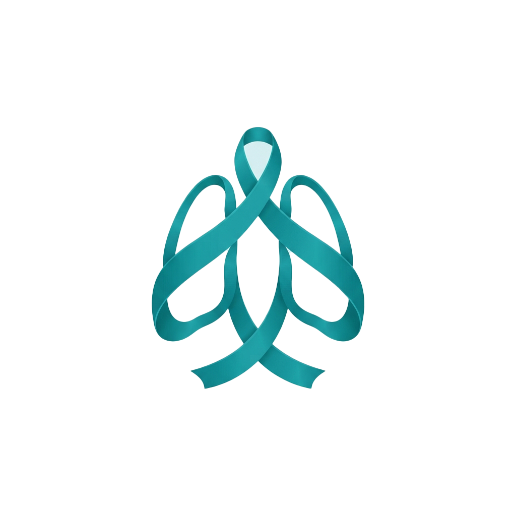 A cyan awareness ribbon tied in a bow shape against a black background