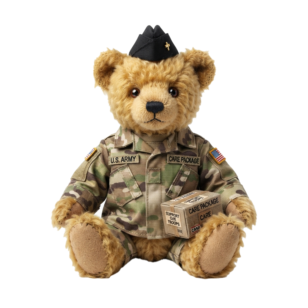 A teddy bear dressed in a US Army camouflage uniform holding a care package box.