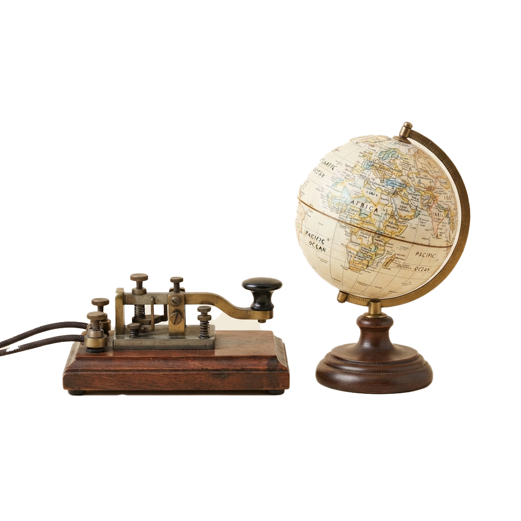 A brass vintage Morse code telegraph key on a wooden base next to an antique wooden globe