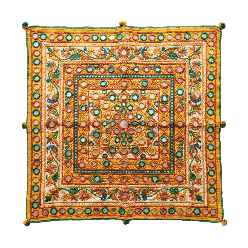 Colorful embroidered fabric featuring intricate geometric and floral designs in yellow, green, and orange hues