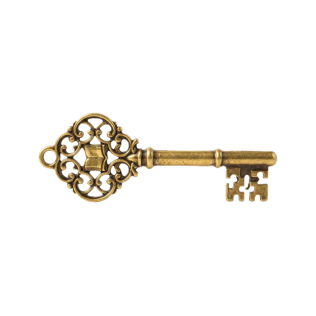 An antique-style gold key featuring a detailed, swirled bow and classic key bit
