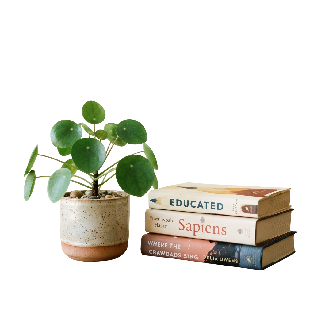 A potted green plant beside a stack of three books on a dark background